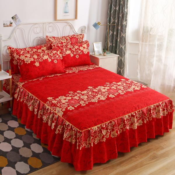 Modern Floral Plant Printed Bed Cover Fitted Lace Bed Skirt Sheets 3pcs Bedding Sets