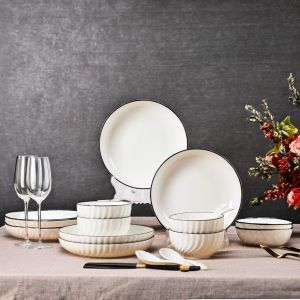 Hotel Restaurant Tableware Set in White Porcelain with Black Rim and Soup Dish