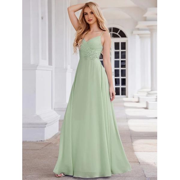 Chic V-neck Pleated Sleeveless Backless A-line Empire Spaghetti Strap Applique Waist Mint Green Chiffon Bridesmaid Dress