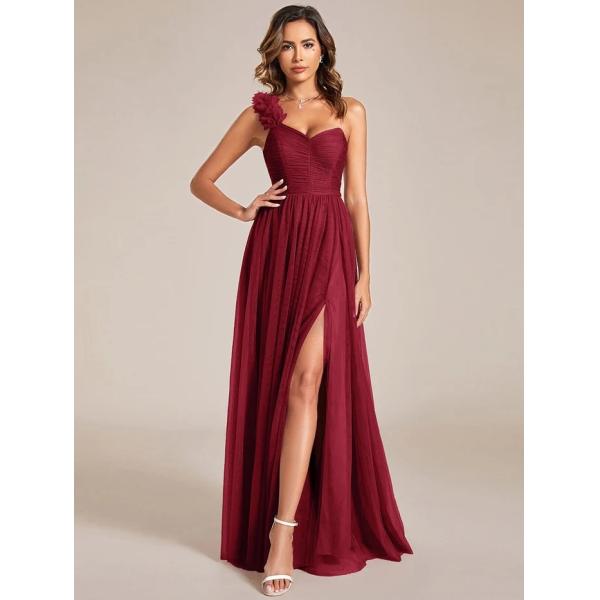 Exquisite One-shoulder Sweetheart Ruffled A-line Zipper Pleated High Slit Burgundy Tulle Evening Dress