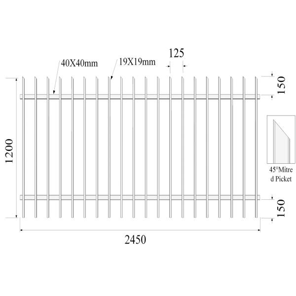 2100mm height x 2450mm width square flat picket HERCULES steel fence 25mm upright x spacing 125mm rail 40mm stain powder