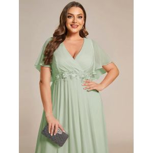 Empire Plus Size Applique Short Sleeve A-line V-neck Flutter Sleeves Invisible