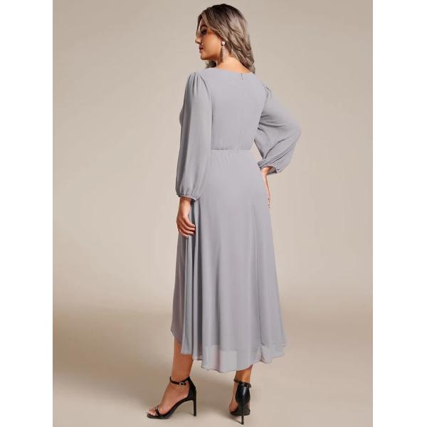 Plus Size Ruffled A-line Long Sleeve V-neck High Low Wedding Guest Grey Chiffon Graduation Dress