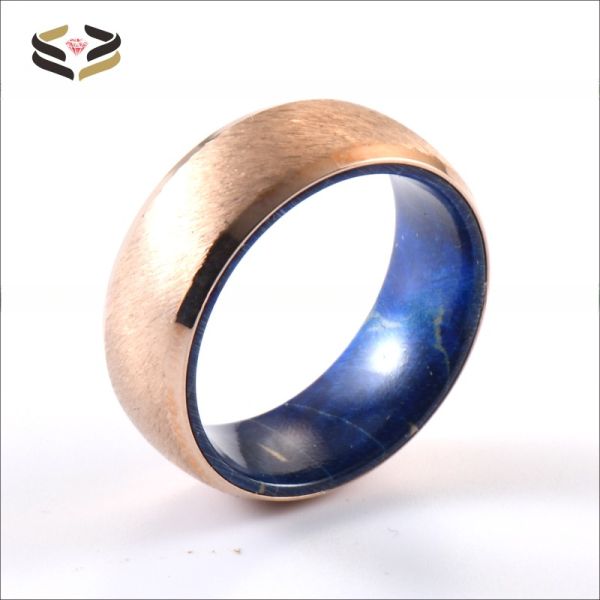 Geometric 8mm Brushed Stainless Steel Blue Purple Wood Ring for Wedding Engagement Anniversary Gift