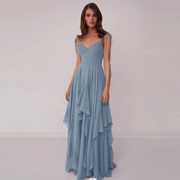New Style V-neck Dusty Blue Chiffon Tiered A-line Bridesmaid Dress Zipper Ruffles Floor-Length Spaghetti Straps