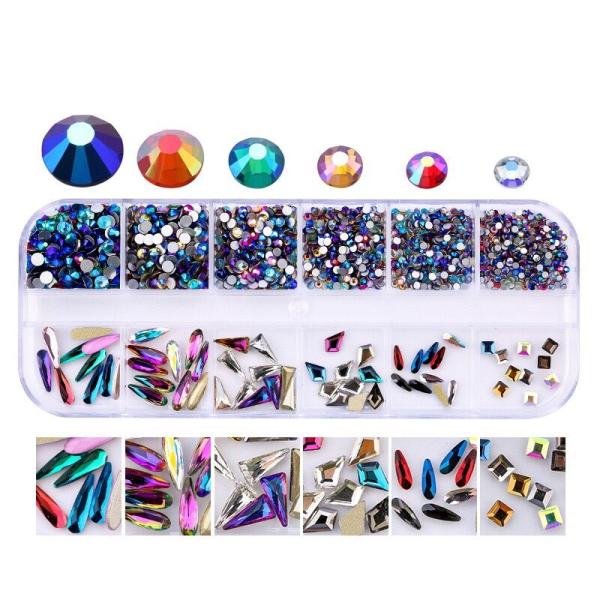 Nail Art Glass Stone strass 12 Grid/box Multi Shapes Mixed Sizes Flat Back Round nail charms in bulk Rhinestones