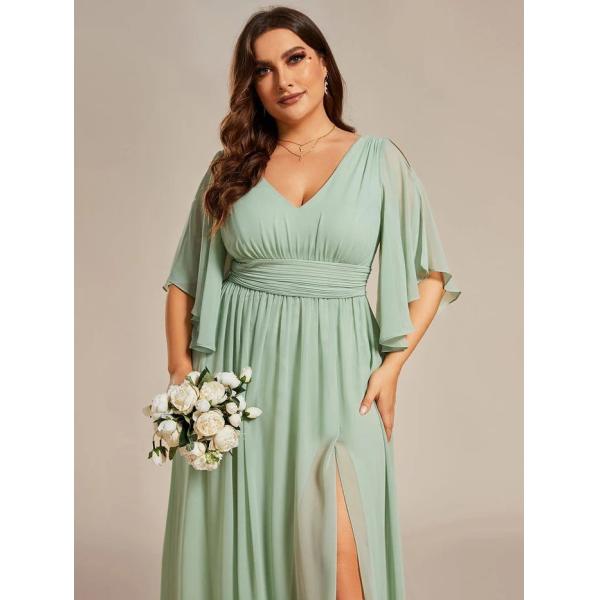 Empire Plus Size V-neck Ruffled A-line Invisible Zipper Half Flutter Sleeves Mint Green Chiffon Bridesmaid Dress