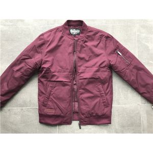 Menswear Zip Through Burgundy Polyester Bomber Puffer Jacket With Rib Detail