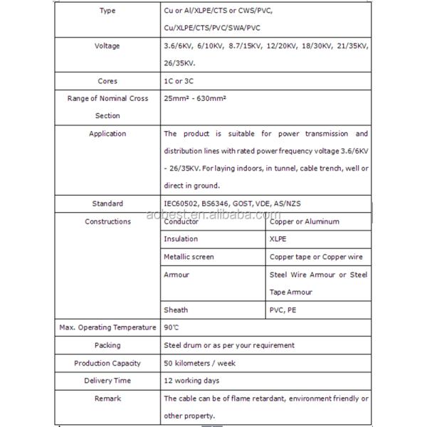 XLPE Insulation High Voltage 3.6/6KV Insulated Cable for Overhead Application in Nigeria