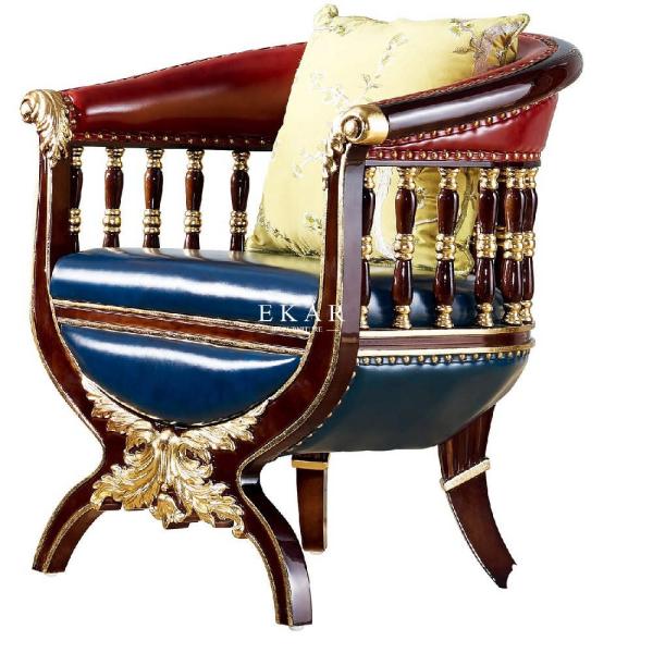 Classic Luxury Wooden Frame And Leather Antique Living Room Leisure Chair