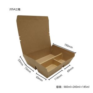 Brown Kraft Paper Lunch Three Compartment Food Containers 1500ml