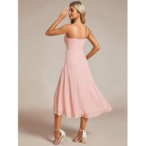 Elegant V-neck Spaghetti Strap High-low Chiffon Wedding Guest Dress Pink