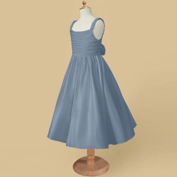 Wholesale Factory Lovely Blue Satin Flower Girl Dress A-Line Ruffles Tea-length Plus Size Sleeveless Children