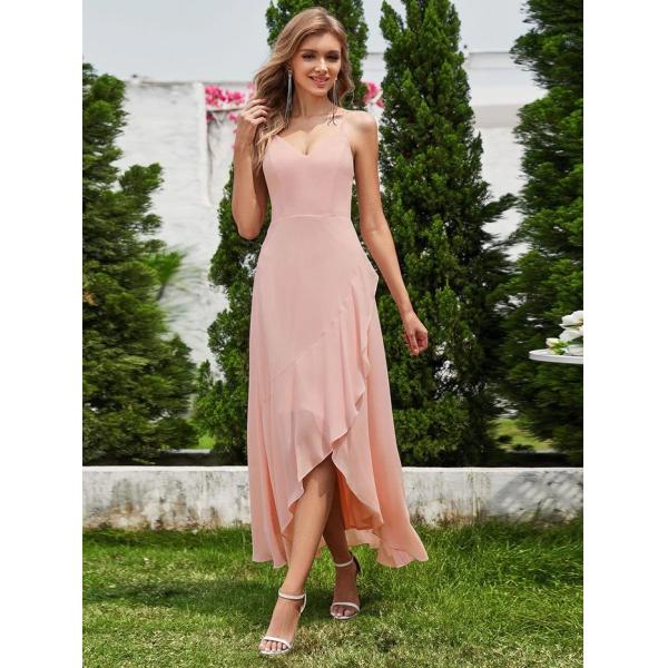 Chic Sleeveless V-neck Spaghetti Strap A-line Pink Chiffon Bridesmaid Dress With Lotus Leaf