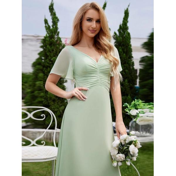 A-line V-neck Pleats Ruffle Cap Sleeves Mint Green Chiffon Bridesmaid Dress