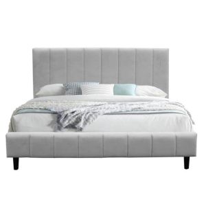 Double Grey Fabric Bed Frame With Wooden Slatted Base