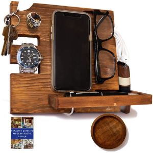 Wooden Phone Docking Station Bedside Nightstand Organizer for Phone Wallet Watch