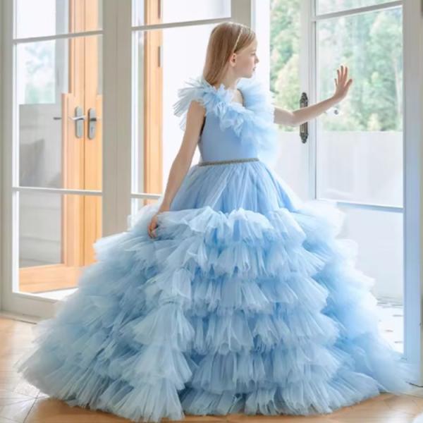 Summer Girl Clothing Blue Flower Tutu Long Wedding Dress Flower Girl Puffy Birthday Dresses Child