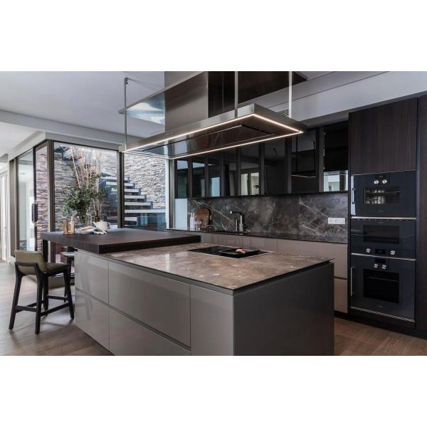 E1 Particleboard High Gloss Lacquer Kitchen Cabinet with Glass Doors Modern Design
