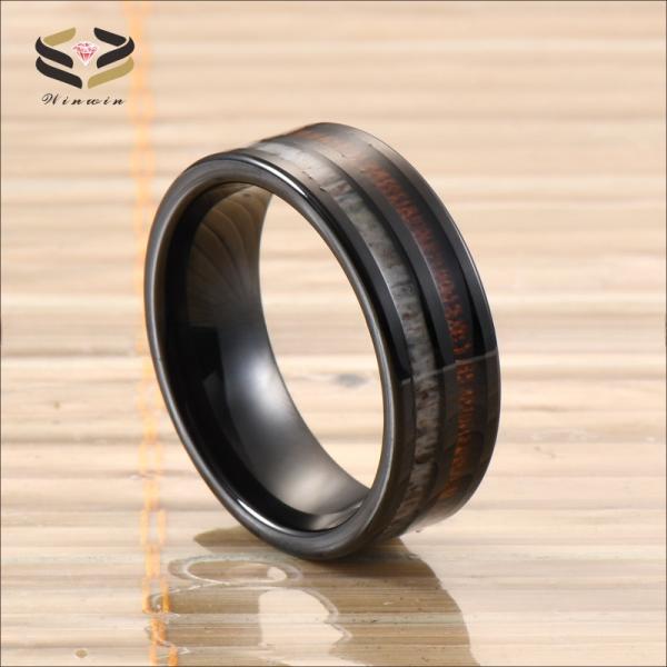 Channel Setting Inlay Technology 8mm Tungsten Carbide Koa Wood Antler Ring for Men and Women Wedding Band Jewelry