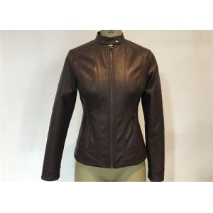 China Oxblood Symmetrical Ladies PU Jacket Slim Womens Burgundy Pleather Jacket on sale