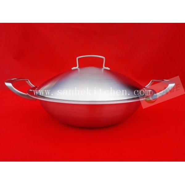 Stainless steel wok,thickness 2.5mm with cast iron handle