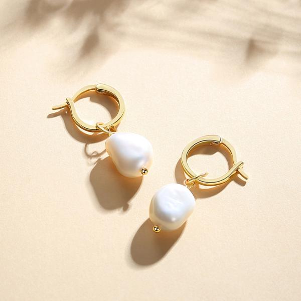 925 Sterling Silver 18K Gold Plated Freshwater Pearl Hoop Earrings For Women Trendy Style