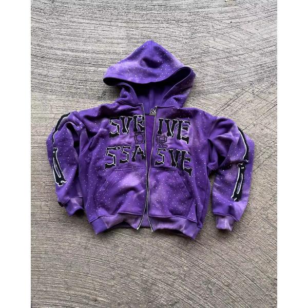 Custom Fashion Streetwear Sun Faded Heavy Cotton Vintage Acid Washed Zip up Oversized Boxy Fit Rhinestone Hoodie Manufacturers