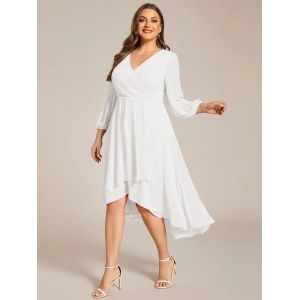 Plus Size Ruffled A-line Long Sleeve V-neck High Low Wedding Guest Burnt Orange