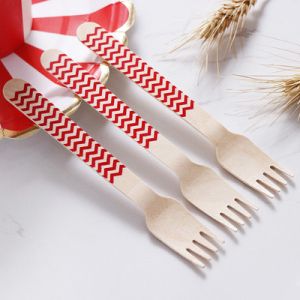 Red Stripe Cutlery Disposable Biodegradable Wooden Tableware Utensils