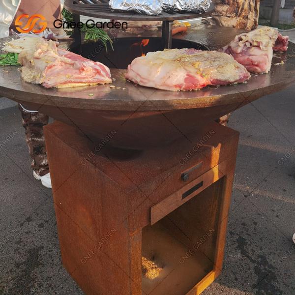 Outdoor BBQ Corten Steel Fire Pit With Firewood Storage Backyard Rusty Colour