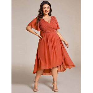 Empire Plus Size V-neck High-low A-line Short Sleeve Ruffled Purple Orchid