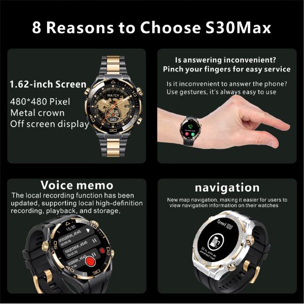 S30 MAX 1.62Inch BT Call Outdoor Smart Watch Amoled Display Compass NFC For Men