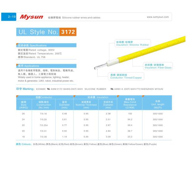 UL3172 600V 200C 18-26AWG Fiber Glass Silicone Rubber Wires and Cables for Heater Lighting and UAV