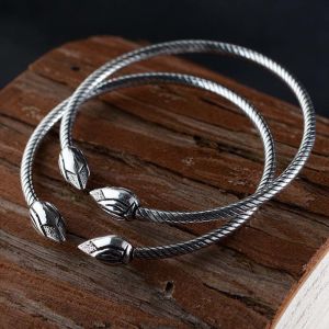 Sterling Silver Lotus Flower Wire Cable Cuff Bracelet Women Bangle(SZ0199)