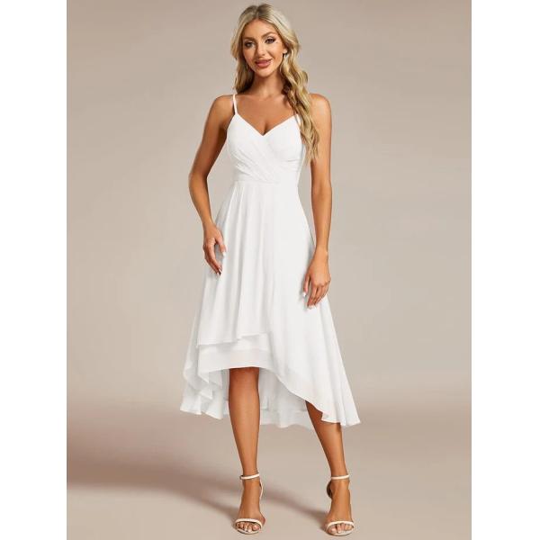 Popular V-neck Spaghetti Strap Empire A-line High-low Chiffon Wedding Guest Dress White Midi Prom Dress