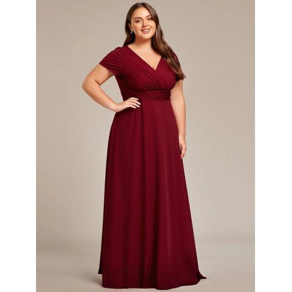 Simple Plus Size V-neck Empire Waist A-line Short Sleeve Zipper Burgundy Chiffon Evening Dress