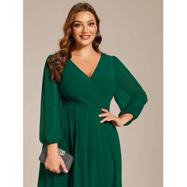Elegant Empire Long Sleeve V-neck High Low A-line Ruffled Midi Dark Green Chiffon Wedding Guest Evening Dress