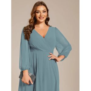 Plus Size Ruffled A-line Long Sleeve V-neck High Low Wedding Guest Dusty Blue