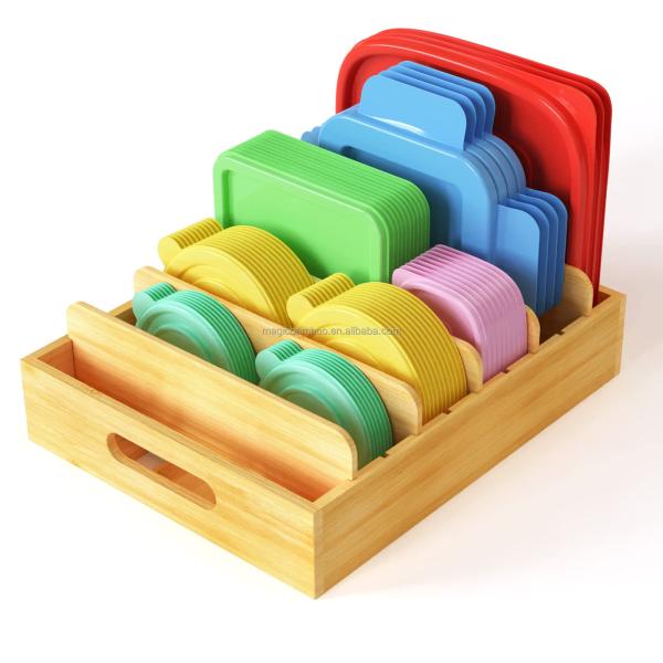 Bamboo Food Container Lid Organizer with Adjustable Dividers 30.49 x 25.41 x 6.36 CM