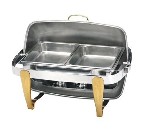 Titanium Coating Oblong Chafing Dish Roll Top Lid Gold Legs and Handle 2-Compartment Stainless Steel Food Container