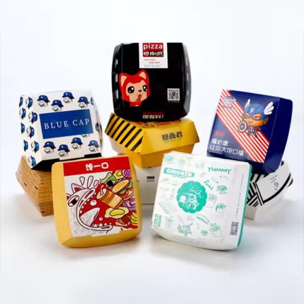 Buy Cutomized Sizes Custom Logo Disposable Burger Boxes for Fast Food Takeaway Made of Paper Cardboard at wholesale prices