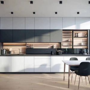 China Versatile MDF Modular Wood Kitchen Cabinet Collection Durable Trendy on sale