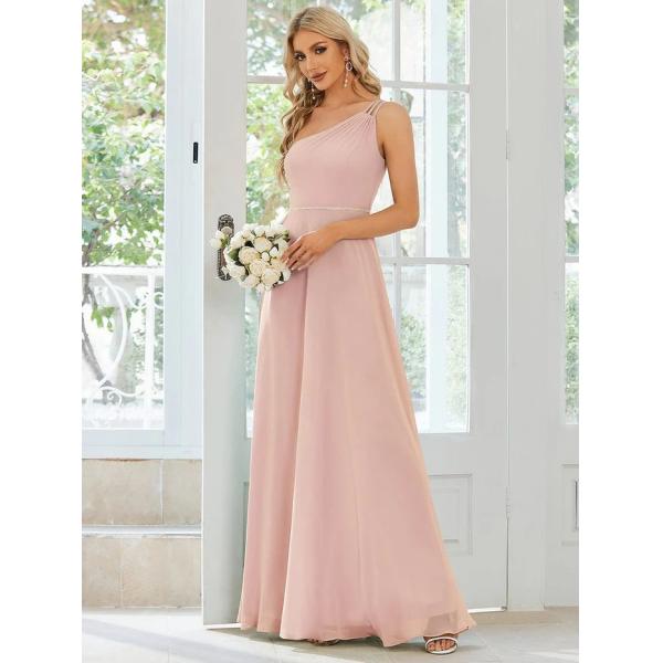 Asymmetry Custom Size Spaghetti Strap One-shoulder A-line Pink Flowy Chiffon Party Dress
