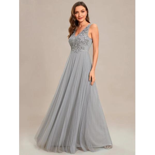 Elegant V-neck Floor-length Appliqued Zipper Two Straps A-line Grey Crepe Tulle Evening Dress