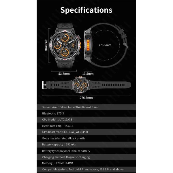 3ATM Waterproof Fitness tracking BT Call GPS AMOLED 650Mah Professional Sports Smartwatch