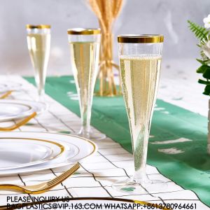 Plastic Champagne Flutes, 4.5 Oz Gold Rim Glasses, Disposable Clear Toasting