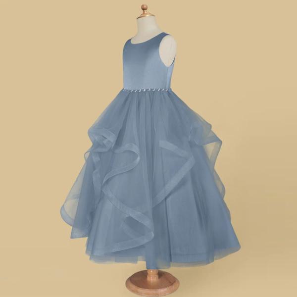 Beautiful Girl Kids Dress Blue Tulle OEM ODM Baby Flower Girl Dresses Sleeveless Round Neckline Ruffles Ball Gown Wholes