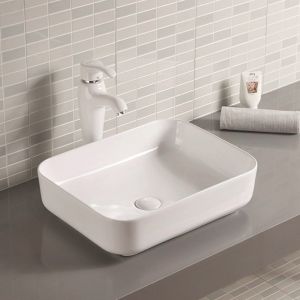 Solid Smooth Counter Top Bathroom Sink Ceramic Easy Maintain Rectangular Wash