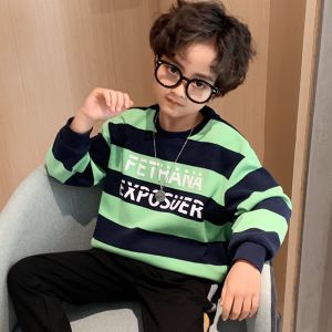 Green And Black Boys Striped Crewneck Sweater Letter Printed